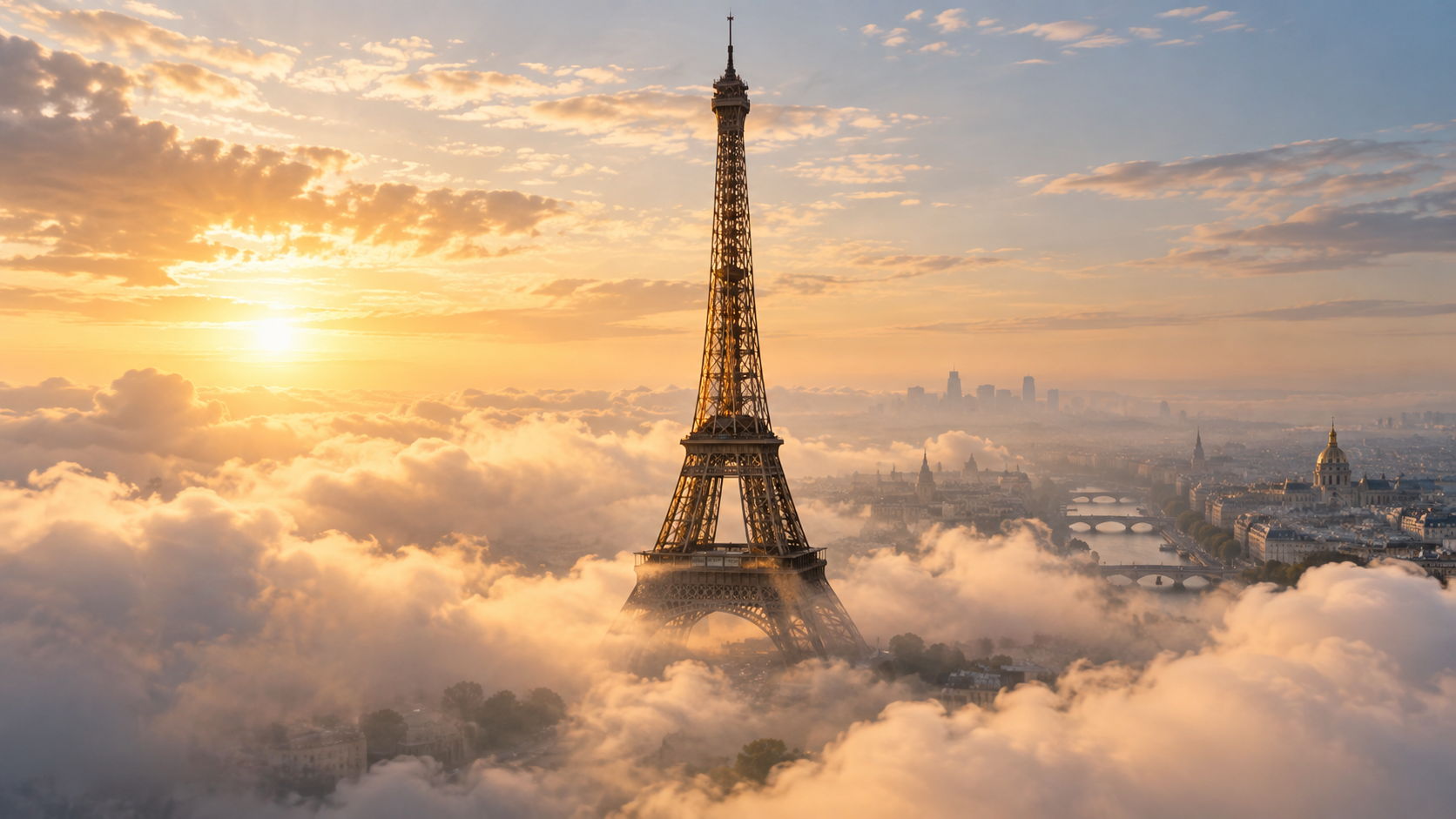 Eiffel Tower above the Paris rooftops in warm evening light