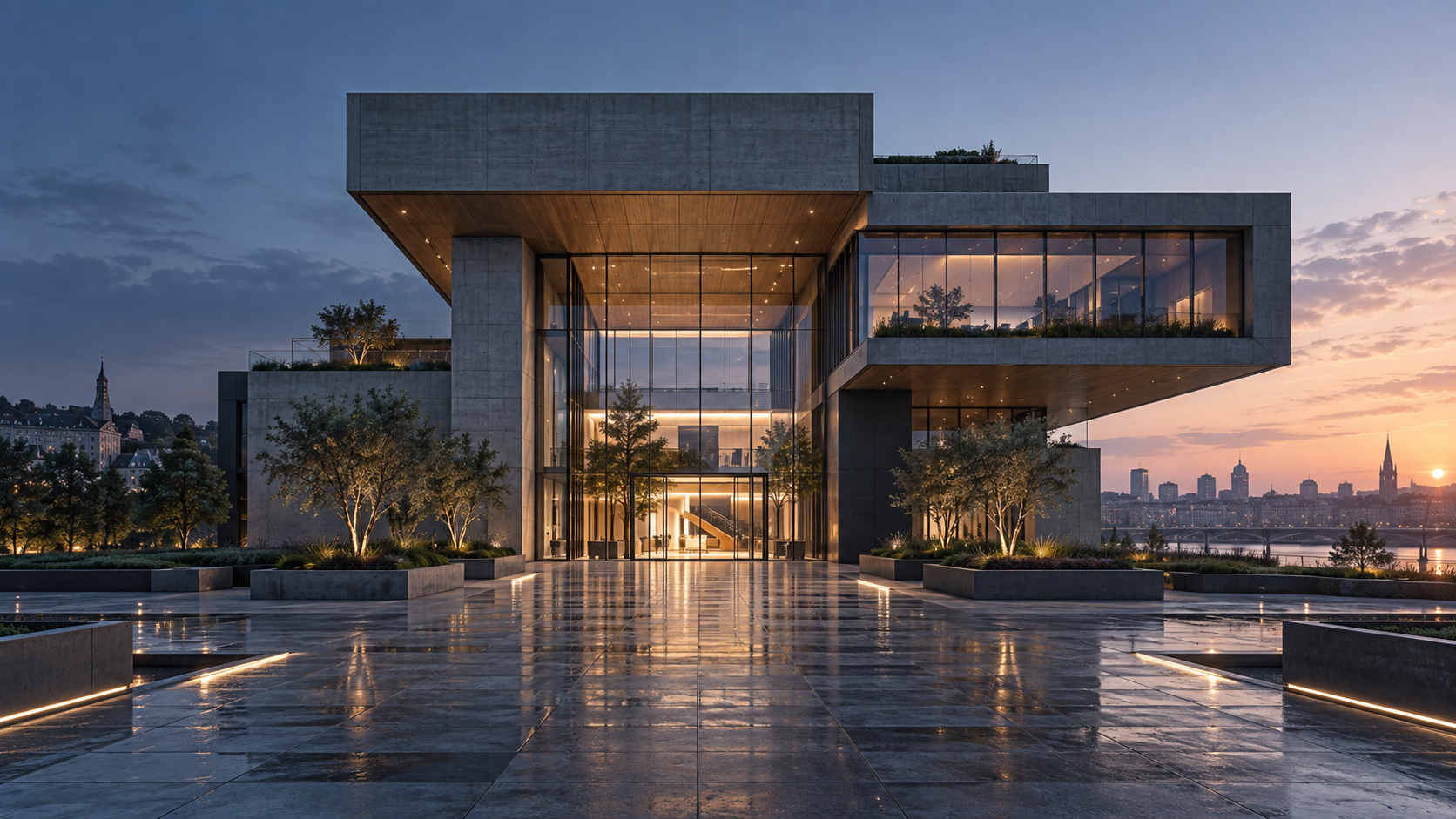 Concrete and glass building from the NOD construction concept